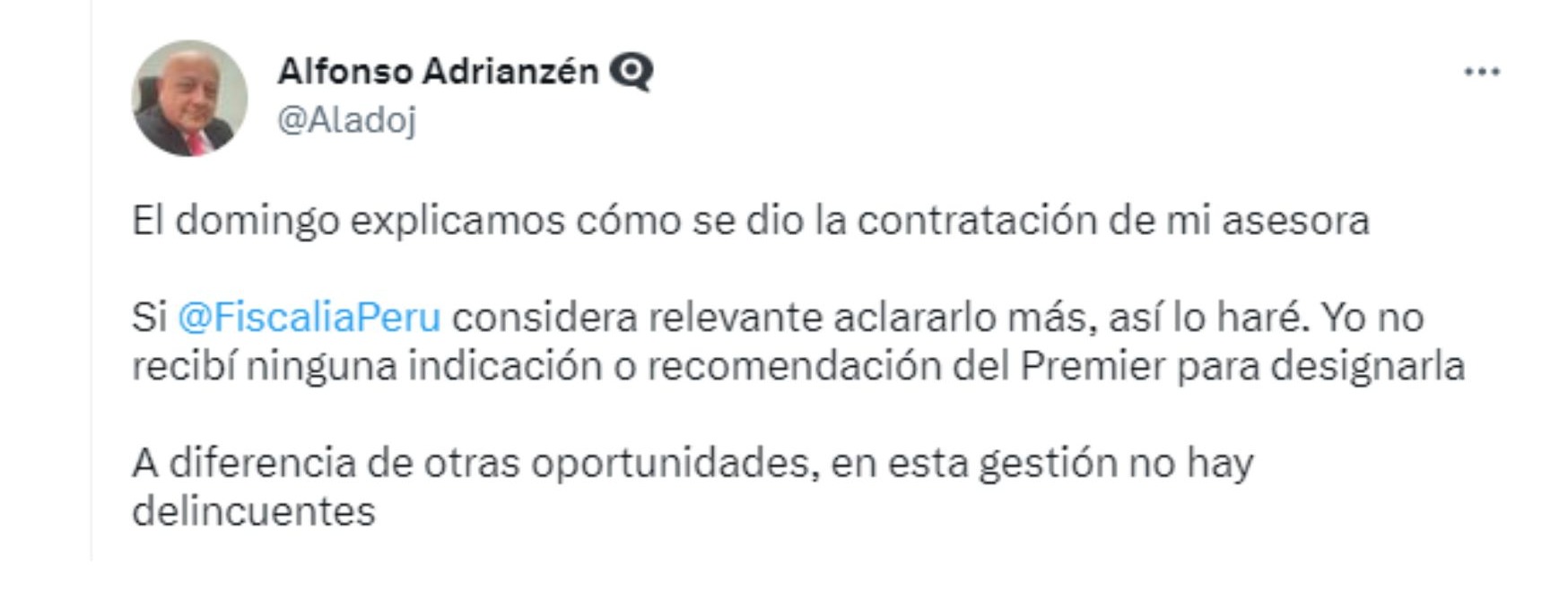 Tweet de Alfonso Adrianzén / Twitter