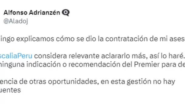 Tweet de Alfonso Adrianzén / Twitter