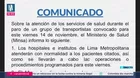 Minsa confirma atención normal en hospitales este 14 de noviembre