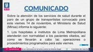 Minsa confirma atención normal en hospitales este 14 de noviembre