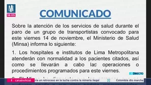 Minsa asegura atención médica normal en hospitales este 14 de noviembre, pese a paro convocado. Video: Canal N