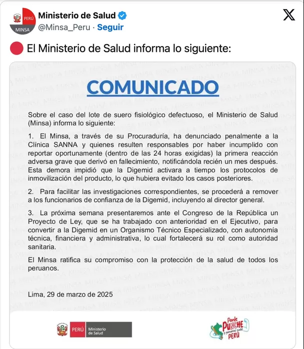 Minsa denuncia a clínica Sanna y remueve a director de Digemid. Foto: Minsa Minsa denuncia a clínica Sanna y remueve a director de Digemid. Foto: Minsa