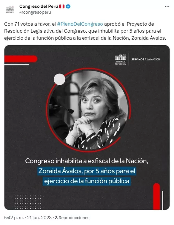 Zoraida Ávalos: Congreso inhabilitó por cinco años de la función pública a exfiscal de la Nación