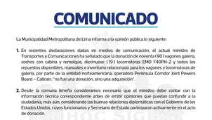 MML rechazó los dichos del ministro Rafael Rey, quien sostuvo que se pagaron millones de dólares por los trenes de Caltrain. Municipio ratificó que 19 locomotoras y 90 vagones fueron donados para la ruta Lima-Chosica y citó al MTC a una reunión técnica. Imagen: Municipalidad de Lima. Video: Canal N
