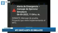 MTC envió alerta de simulacro a los celulares de los ciudadanos 