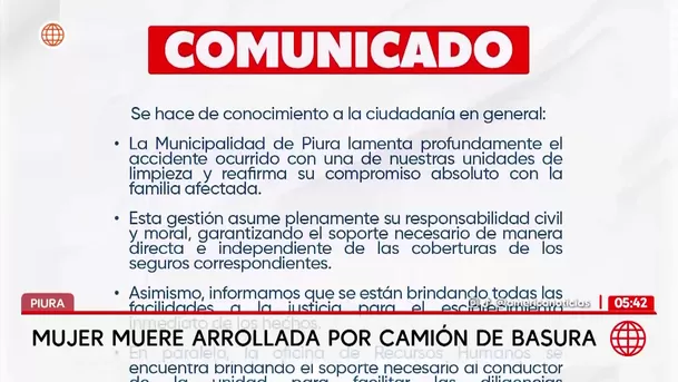 Mujer muere arrollada por camión de basura en Piura. Foto: América Noticias