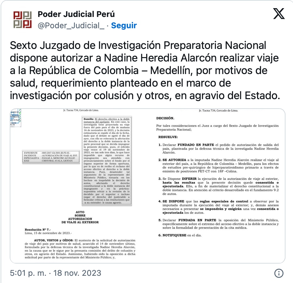 Nadine Heredia: Poder Judicial autorizó viaje de ex primera dama a Colombia