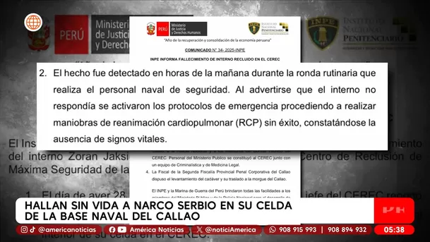 Hallan sin vida a narco serbio en su celda de la Base Naval del Callao. Foto: América Noticias Hallan sin vida a narco serbio en su celda de la Base Naval del Callao. Foto: América Noticias