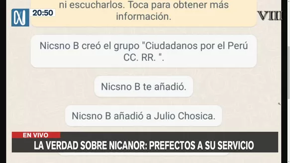 Captura del chat "Ciudadanos por el Perú CC. RR." creado por Nicanor Boluarte - Foto: Canal N