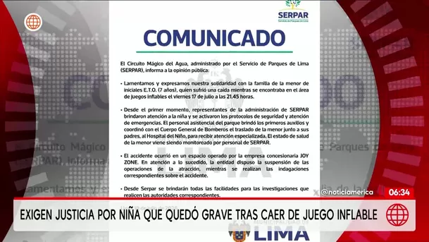 Niña queda grave tras caer de juego inflable en el Circuito Mágico. Foto: América Noticias Niña queda grave tras caer de juego inflable en el Circuito Mágico. Foto: América Noticias