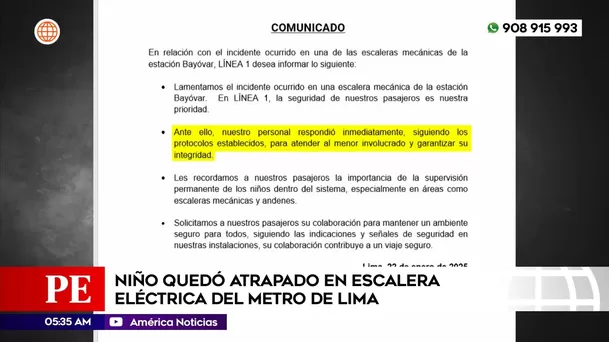 Niño quedó atrapado en escalera eléctrica del Metro de Lima en San Juan de Lurigancho. Foto: América Noticias Niño quedó atrapado en escalera eléctrica del Metro de Lima en San Juan de Lurigancho. Foto: América Noticias
