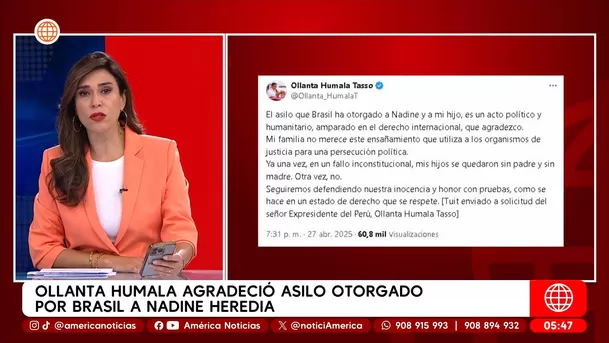 Ollanta Humala dice que asilo a su esposa e hijo es un acto humanitario. Foto: América Noticias Ollanta Humala dice que asilo a su esposa e hijo es un acto humanitario. Foto: América Noticias