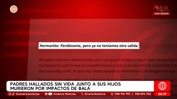 Padres hallados sin vida junto a sus hijos murieron por impactos de bala. Foto: América Noticias Padres hallados sin vida junto a sus hijos murieron por impactos de bala. Foto: América Noticias