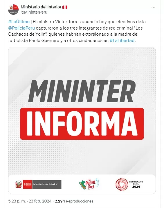 Ministerio del Interior confirmó la captura de los presunto extorsionadores de la madre de Paolo Guerrero - Foto: Mininter