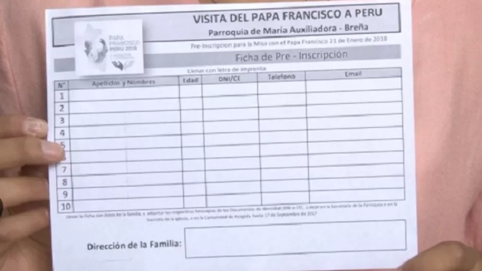 Cédula para la preinscripción a la misa del papa Francisco. Foto: Andina