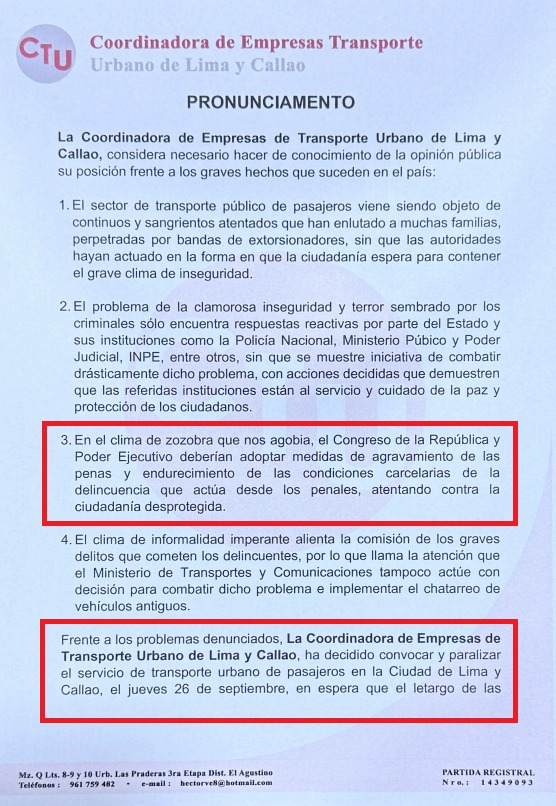 Paro de transportistas el jueves 26 de setiembre por extorsiones