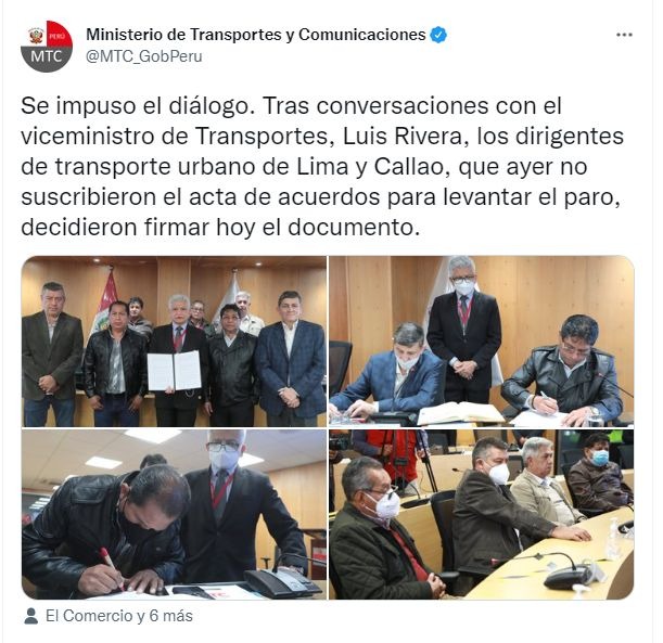 Paro de transportistas: MTC y dirigentes llegan a acuerdo para levantar medida de fuerza