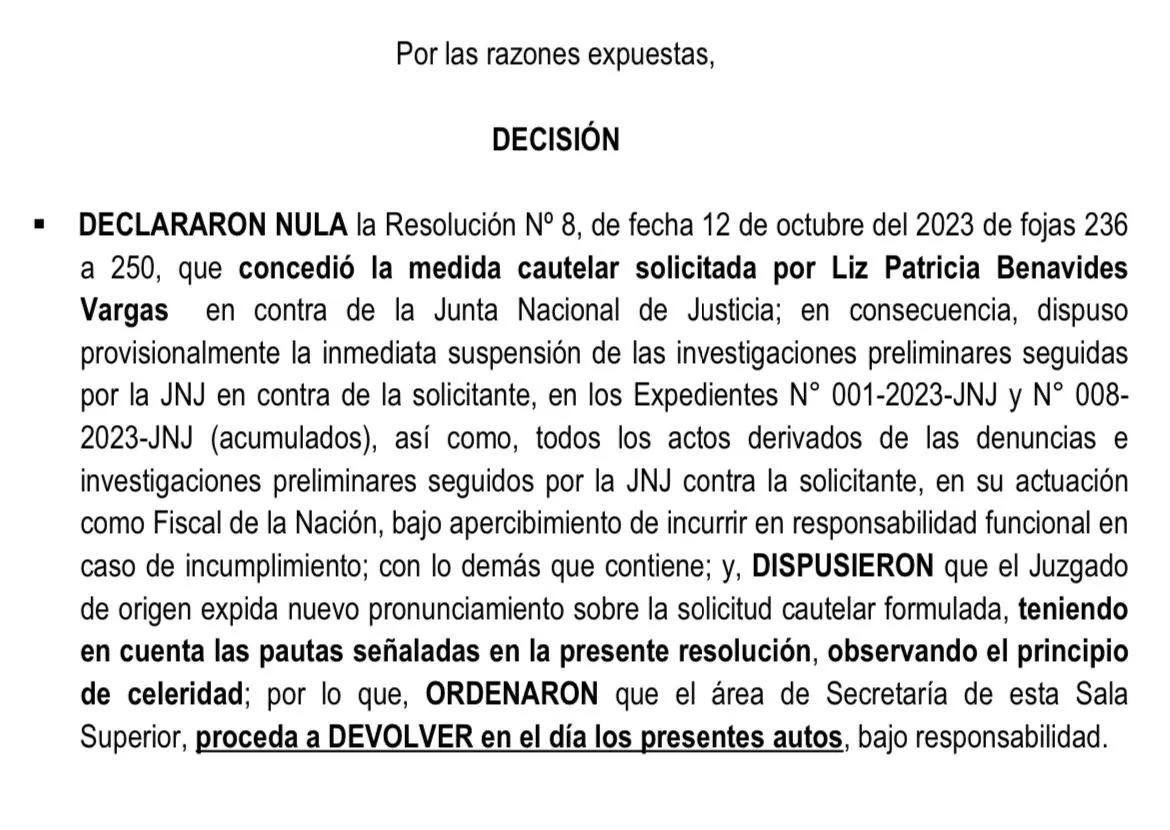 PJ anula medida cautelar que suspendió investigaciones preliminares de la JNJ contra Patricia Benavides - Foto: Poder Judicial