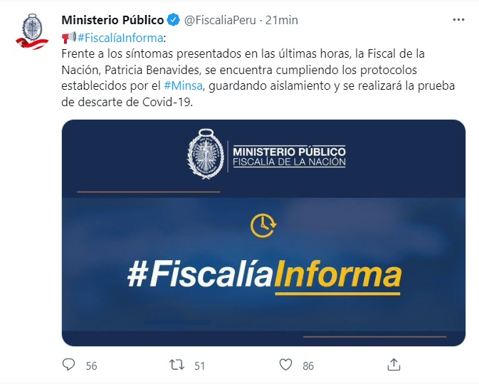 Patricia Benavides: Fiscal de la Nación presenta síntomas de COVID-19