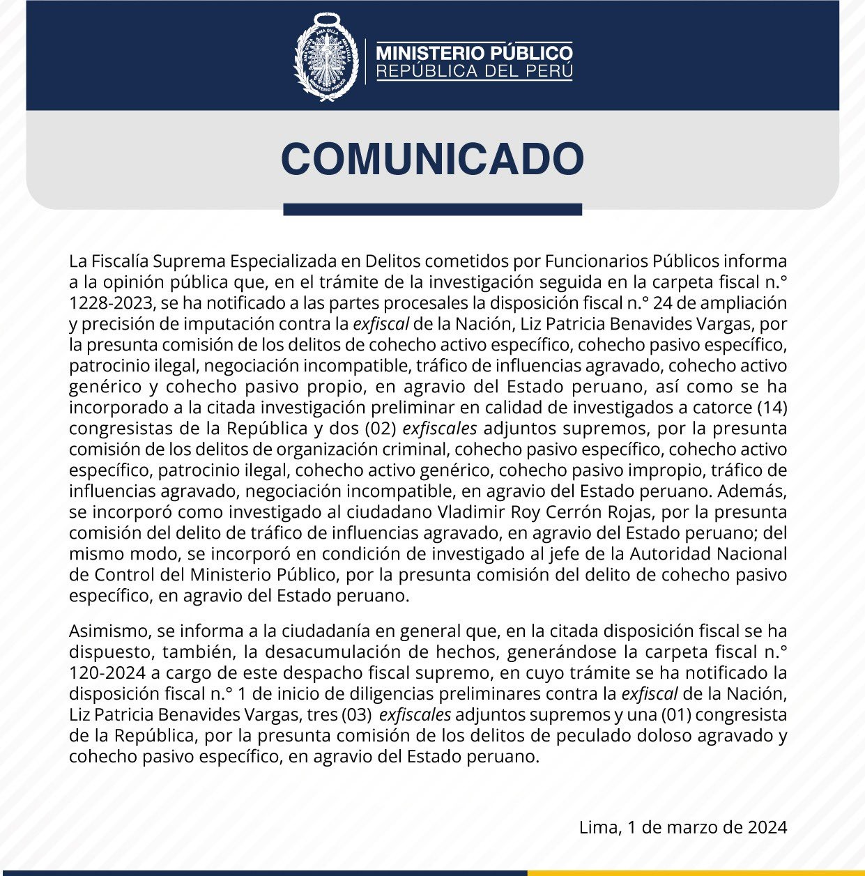 Patricia Benavides: Fiscalía le amplió investigación e incluyó a 14 congresistas y Vladimir Cerrón