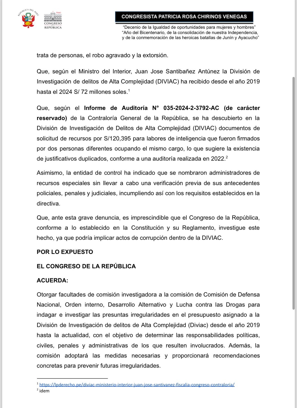 Congresista Chirinos solicita facultades investigadoras para la Comisión de Defensa por presuntas irregularidades en la Diviac