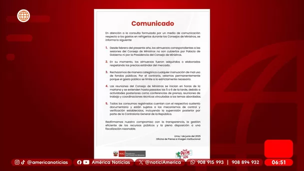 PCM niega mal uso de fondos tras polémica por refrigerios del gabinete. Foto: América Noticias