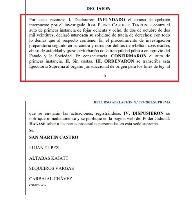 Pedro Castillo: Confirman rechazo de tutela de derechos presentada por el expresidente en el caso del golpe de Estado