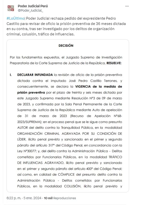 Resolución judicial que rechazó el pedido de Pedro Castillo - Foto: Poder Judicial