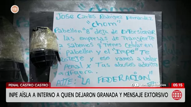 INPE aísla a interno a quien dejaron granada y mensaje extorsivo en penal Castro Castro. Foto: América Noticias INPE aísla a interno a quien dejaron granada y mensaje extorsivo en penal Castro Castro. Foto: América Noticias