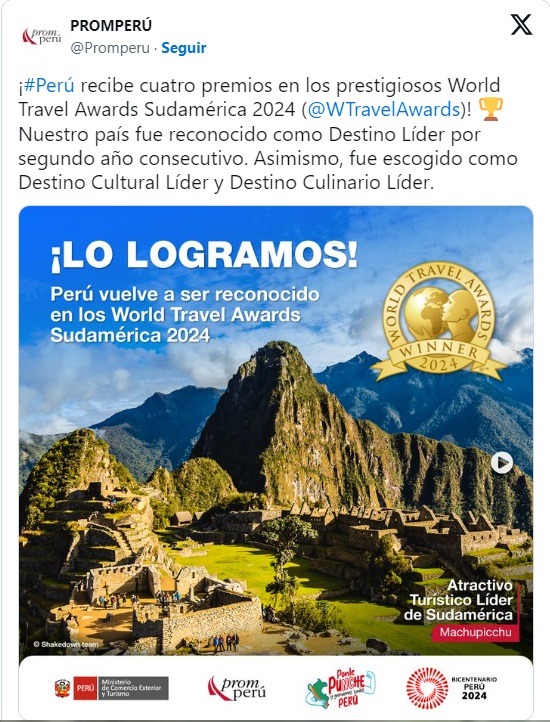 Perú obtiene cuatro premios en los World Travel Awards Sudamérica 2024. Foto: X