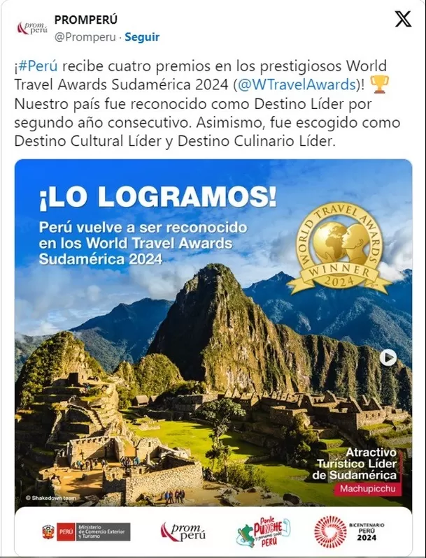 Perú obtiene cuatro premios en los World Travel Awards Sudamérica 2024. Foto: X