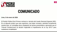 Perú Primero denuncia persecución tras fallo del JEE que excluye candidatura de Mario Vizcarra