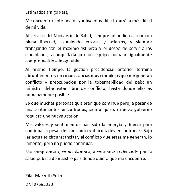 Pilar Mazzetti anunció que no integrará nuevo gabinete ministerial de Ántero Flores-Aráoz