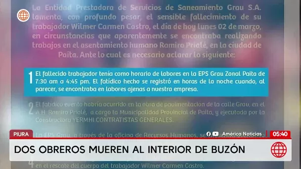 Piura: Dos obreros mueren asfixiados dentro de un buzón. Foto: América Noticias