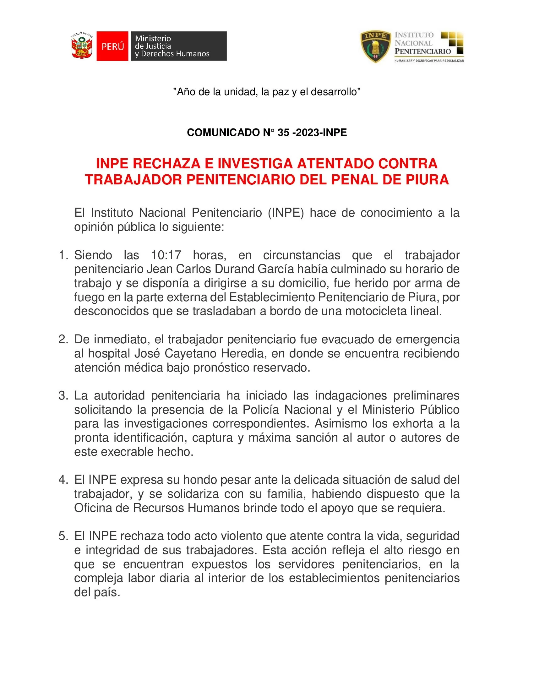 INPE se pronuncia sobre trabajador herido. Foto: INPE