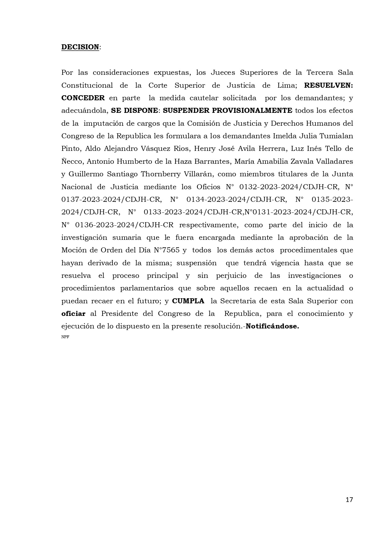 PJ ordena suspender provisionalmente investigación contra miembros de la JNJ