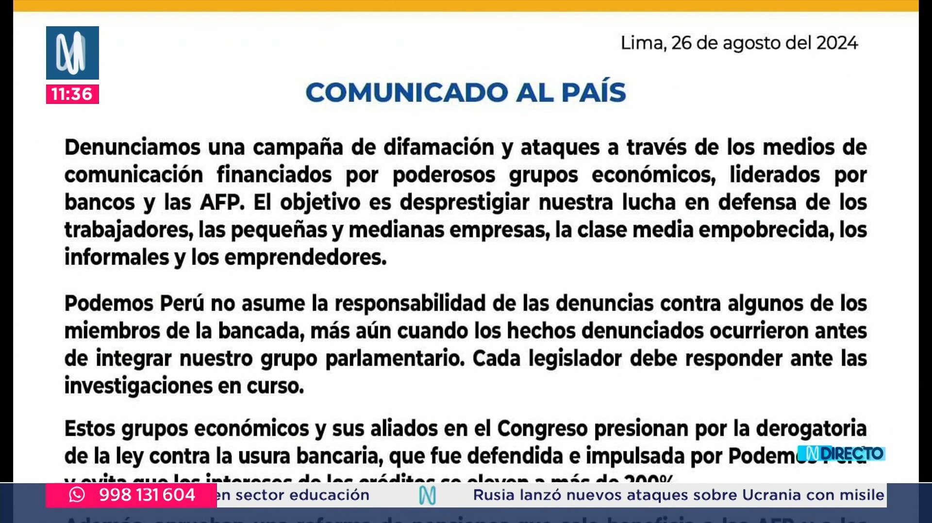 Podemos Perú responde por críticas a sus congresistas