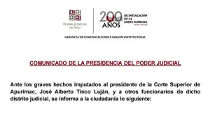 El Poder Judicial rechazó de forma categórica los hechos imputados al presidente de la Corte Superior de Apurímac, José Alberto Tinco Luján. La institución coordinará acciones para asegurar la continuidad del servicio en dicho distrito judicial. Video: Canal N