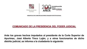 El Poder Judicial rechazó de forma categórica los hechos imputados al presidente de la Corte Superior de Apurímac, José Alberto Tinco Luján. La institución coordinará acciones para asegurar la continuidad del servicio en dicho distrito judicial. Video: Canal N