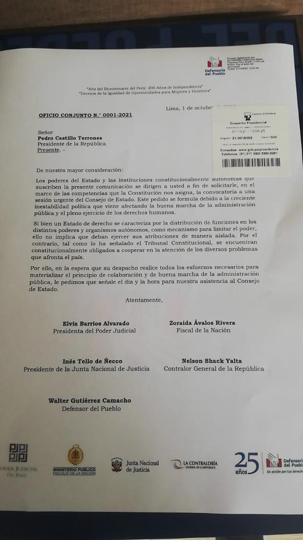 Poder Judicial, Fiscalía y organismos autónomos piden a Pedro Castillo convocar con urgencia Consejo de Estado