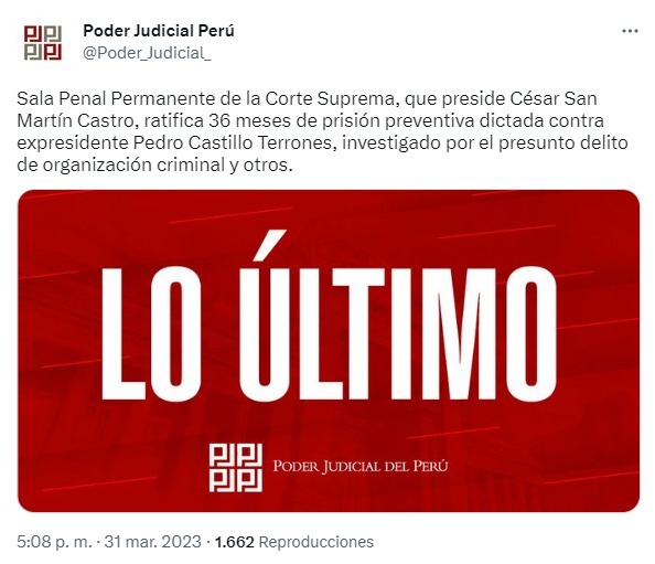 Poder Judicial ratifica 36 meses de prisión preventiva para Pedro Castillo