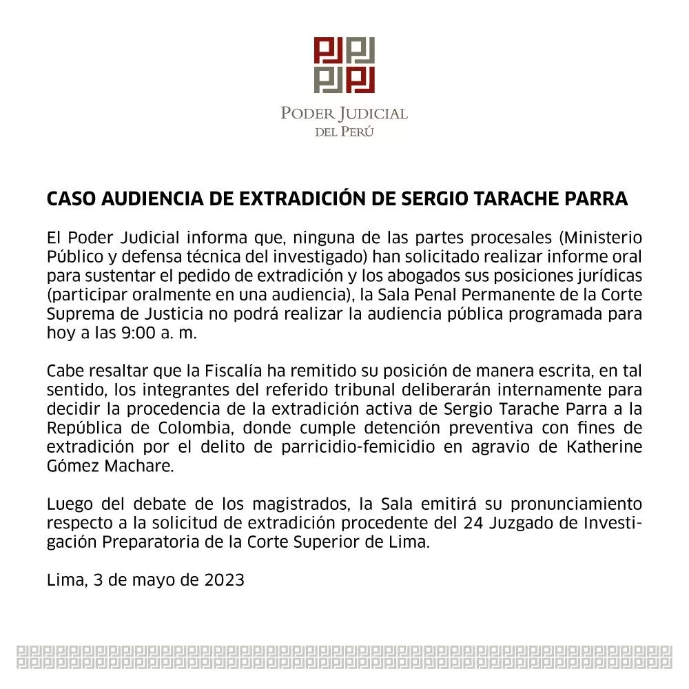 Documento publicado por el Poder Judicial que señala que la audiencia no se llevará a cabo / Fuente: Poder Judicial