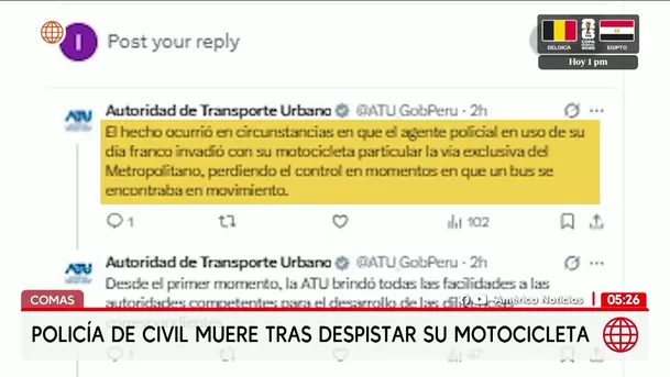 Policía de civil muere en accidente de tránsito en Comas. Foto: América Noticias Policía de civil muere en accidente de tránsito en Comas. Foto: América Noticias