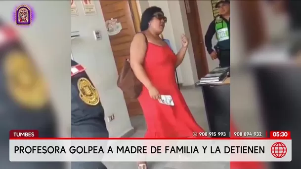 Policía detiene a profesora por agredir a madre de familia en Tumbes. Foto: América Noticias Policía detiene a profesora por agredir a madre de familia en Tumbes. Foto: América Noticias