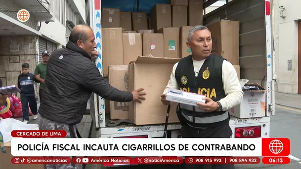 Policía fiscal incauta cigarrillos de cotrabando en el Cercado de Lima. Foto: América Noticias