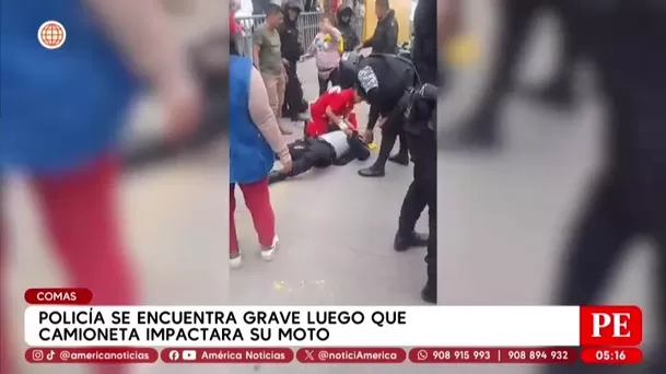 Policía se encuentra grave luego que camioneta impactara su moto en Comas. Foto: América Noticias