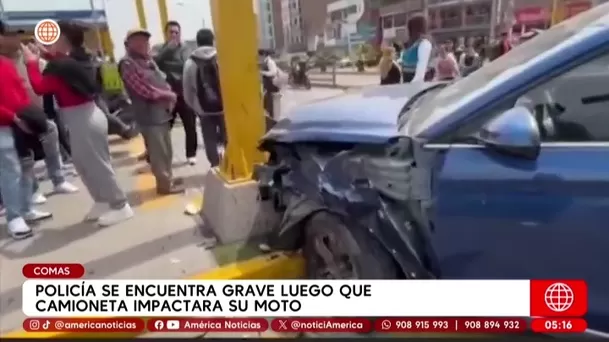 Policía se encuentra grave luego que camioneta impactara su moto en Comas. Foto: América Noticias