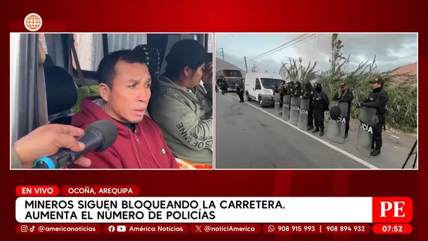 Policía llega a punto de bloqueo de mineros en Arequipa. Foto: América Noticias