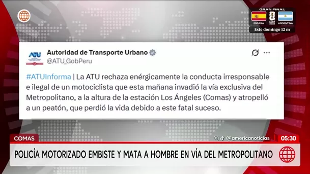 Policía motorizado embiste y mata a adulto mayor en Comas. Foto: América Noticias Policía motorizado embiste y mata a adulto mayor en Comas. Foto: América Noticias