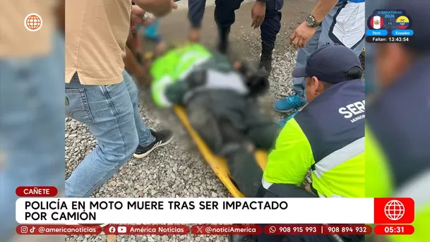 Policía en moto muere tras ser impactado por camión en Cañete. Foto: América Noticias